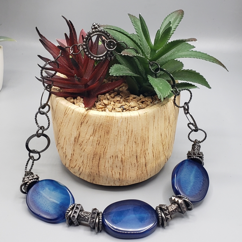 3 Large Blue Agate set in Steel Gray/Black Hardware Choker